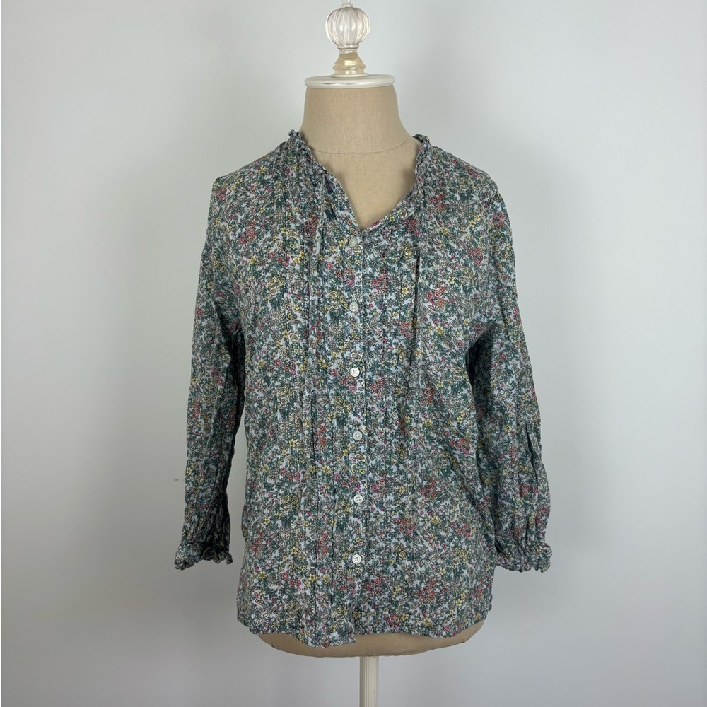 Loft Button Up Blouse Multicolor Floral Ruffle S